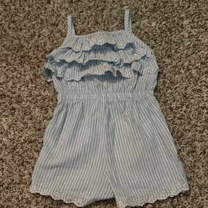 Mudpie, Size 3T, Toddler Girl Light Blue And White Romper, VGUC